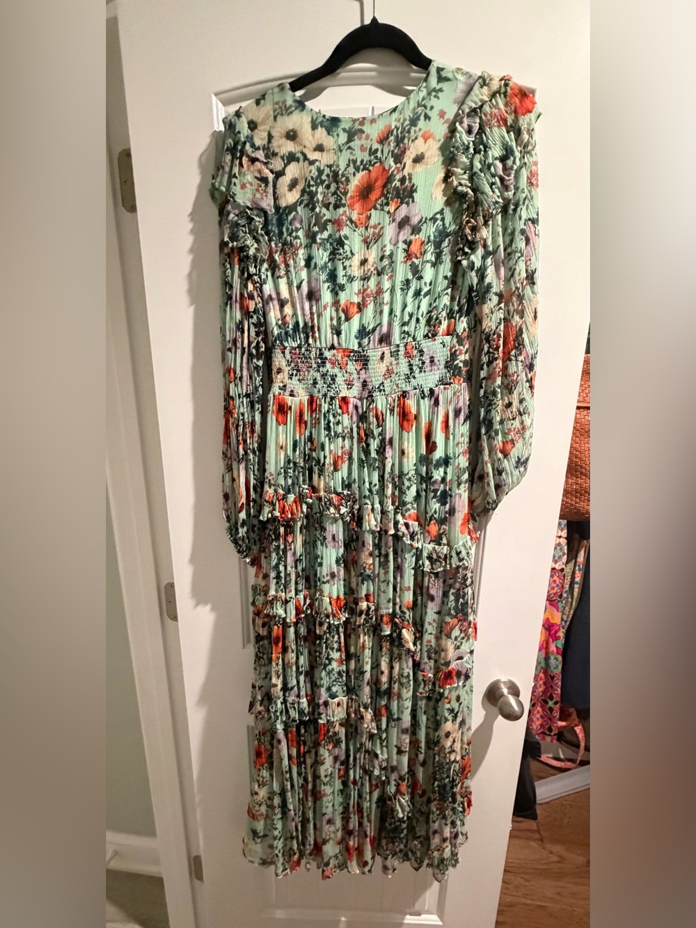 BHLDN FLORAL CHIFFON PLUNGE LONG-SLEEVE RUFFLE MAXI DRESS - Picture 4 of 4